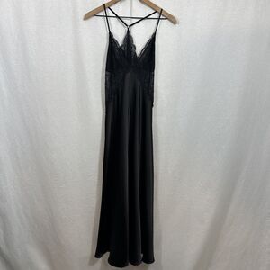 In Bloom By Jonquil Black Satin Sheer Lace Long Nightgown Slip Dress Womens Sz M